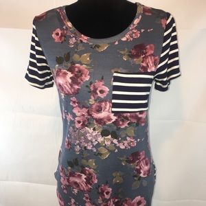 Navy Floral Raglan Tee with Striped Colorblock